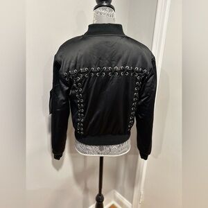Women’s Seek Sz: S black satin bomber jacket corset-style lace-up back.